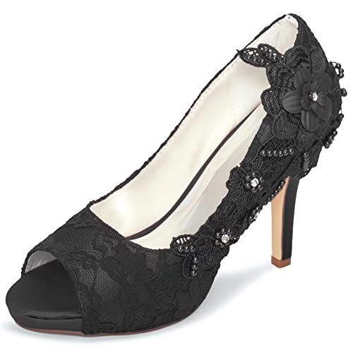 Emily Bridal Brautschuhe Spitze Hochzeitsschuhe Spitze Peep Toe High Heel Brautschuhe (EU39, Schwarz) von Emily Bridal