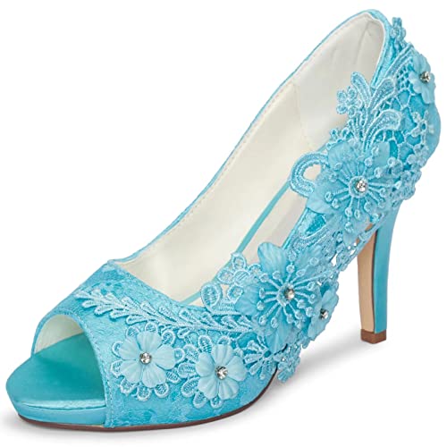 Emily Bridal Brautschuhe Spitze Hochzeitsschuhe Spitze Peep Toe High Heel Brautschuhe (EU40, Cyan-Blau) von Emily Bridal