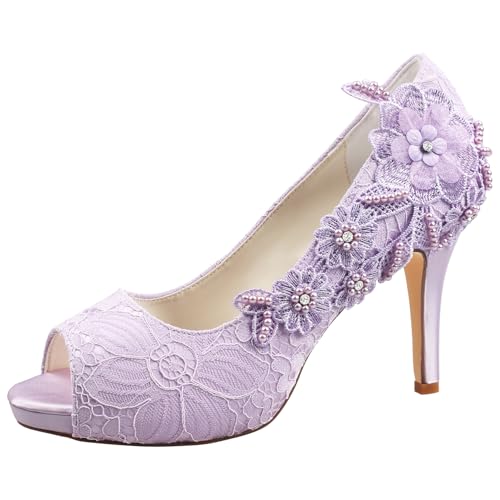 Emily Bridal Brautschuhe Spitze Hochzeitsschuhe Spitze Peep Toe High Heel Brautschuhe (EU40, Helles Lila) von Emily Bridal