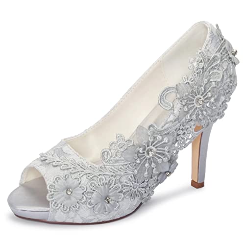 Emily Bridal Brautschuhe Spitze Hochzeitsschuhe Spitze Peep Toe High Heel Brautschuhe (EU41, Silber) von Emily Bridal
