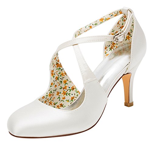 Emily Bridal Brautschuhe Vintage Wedding Shoes High Heel Pumps Ivory Cross Front Ankle Strap Bridal Shoes, 37 EU, Elfenbein von Emily Bridal