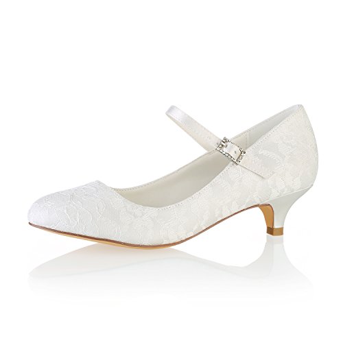 Emily Bridal BrautschuheSpitze Hochzeit Schuhe runde Kappe Mary Jane Brautschuhe Kitten Heel Mutter Schuhe (EU35, Elfenbein) von Emily Bridal