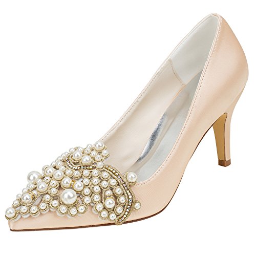 Emily Bridal Champagner Hochzeit Schuhe Seide High Heel Spitz Pearl Detail Slip On Pumps (EU38, Champagner) von Emily Bridal