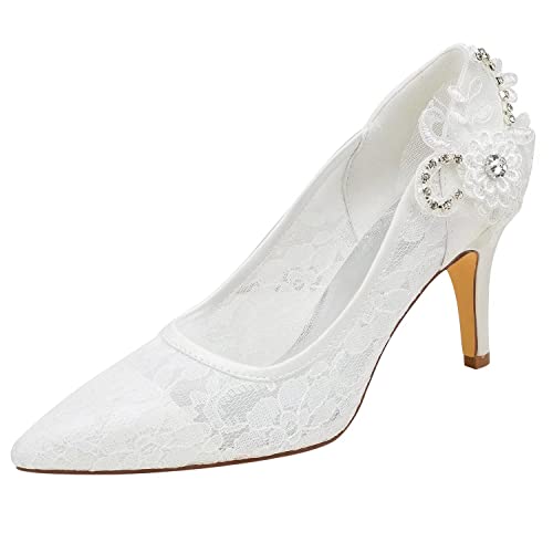 Emily Bridal Damen Seide wie Satin Stöckel Absatz Pumps mit Nähte Spitze Kristall (EU38, Elfenbein) von Emily Bridal