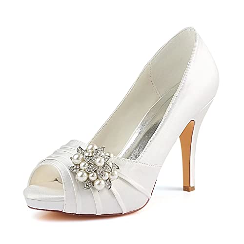 Emily Bridal Elfenbein Hochzeit Schuhe High Heel Peep Pumps Platform Plissee Perle Strass Slip-on Brautschuhe (EU40, Elfenbein) von Emily Bridal