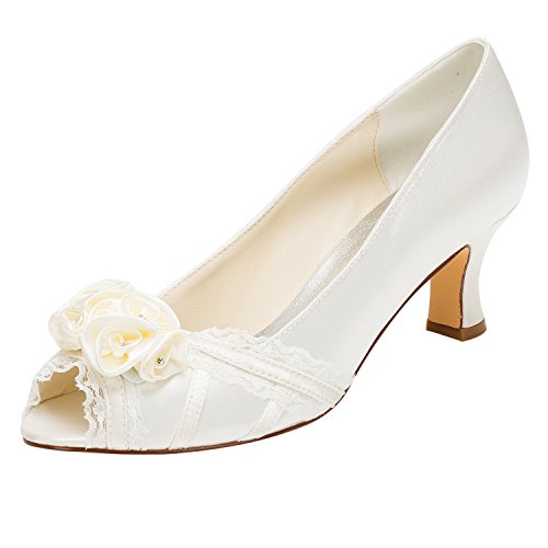 Emily Bridal Elfenbein Hochzeit Schuhe Peep High Heel Lace Satin Blume Slip-on Brautschuhe (EU39, Elfenbein) von Emily Bridal