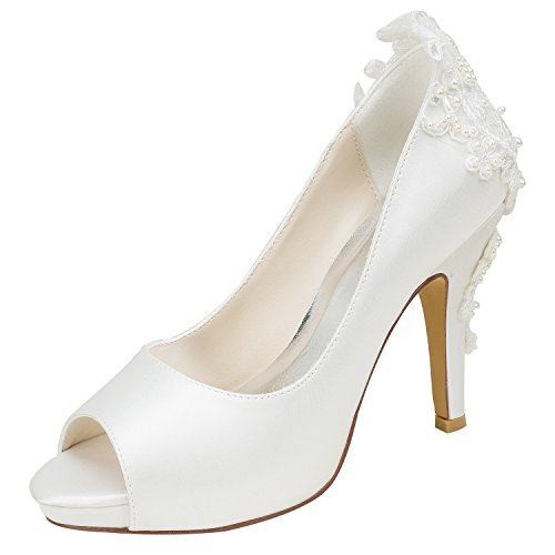 Emily Bridal Elfenbein Hochzeit Schuhe Seide High Heel Peep Toe Perlen Detail Slip On Pumps (EU39, Elfenbein) von Emily Bridal
