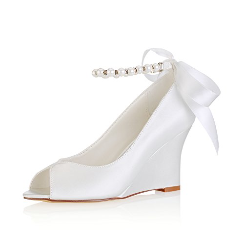 Emily Bridal Elfenbein Hochzeit Schuhe Seide Peep Toe Perlen Wedge Brautschuhe (EU38, Elfenbein) von Emily Bridal