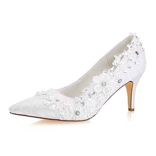 Emily Bridal Hochzeit Schuhe Frauen Seide wie Satin Chunky Heel Pumps mit Stitching Spitze Blume Crystal Pearl (EU39, Elfenbein) von Emily Bridal