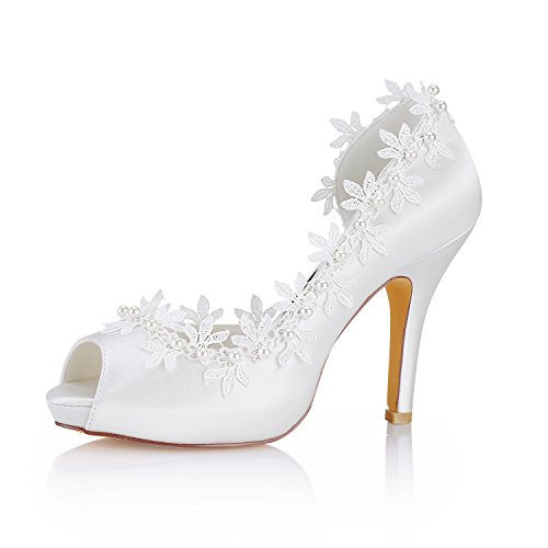 Emily Bridal Hochzeit Schuhe Seide Peep Toe Lace Detail Brautschuhe Frauen High Heels, 38 EU, Elfenbein von Emily Bridal