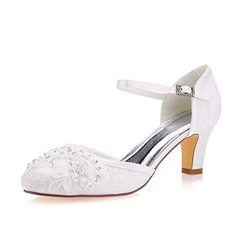 Emily Bridal Hochzeitsschuhe Damen Lace Satin Pfennigabsatz Pumps Sandalen (EU38, Elfenbein) von Emily Bridal