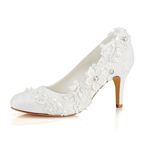 Emily Bridal Hochzeitsschuhe Damen Seide wie Satin Stöckel Absatz Pumps mit Stitching Spitze Blume Crystal Pearl, Elfenbein, 39 EU (6 UK) von Emily Bridal