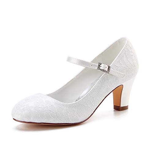 Emily Bridal Hochzeitsschuhe Damen Spitze Chunky Heel Closed Toe Pumps mit Schnalle (EU37, Elfenbein) von Emily Bridal