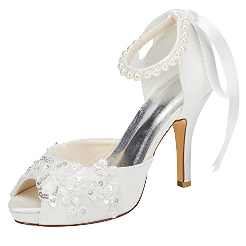 Emily Bridal Hochzeitsschuhe Peep High Heel Elfenbein Knöchelriemen Perlen Pailletten Brautschuhe mit Schleife, - elfenbeinfarben - Größe: 36 EU von Emily Bridal