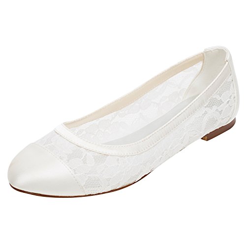 Emily Bridal Spitze Hochzeit Schuhe Flache Elfenbein Pumpen Runde Slip-on Brautschuhe (EU37, Elfenbein) von Emily Bridal