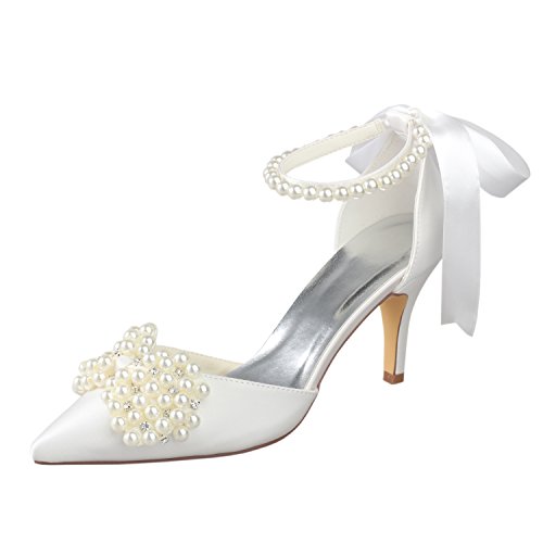 Emily Bridal Vintage Hochzeit Schuhe Elfenbein wies Toe Perlen Bogen Knöchelriemen Brautschuhe High Heels (EU39, Elfenbein) von Emily Bridal