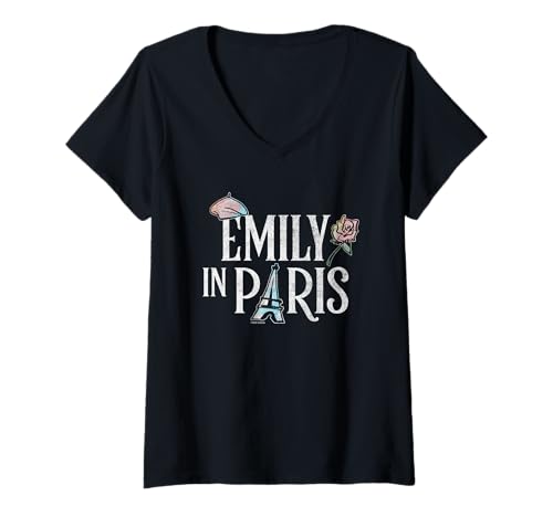 Damen Emily In Paris Logo with Parisian Icons Distressed Style T-Shirt mit V-Ausschnitt von Emily in Paris