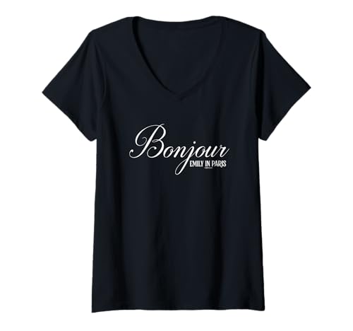 Damen Emily in Paris Bonjour Elegant Font Big Chest Quote T-Shirt mit V-Ausschnitt von Emily in Paris