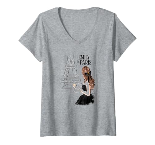 Damen Emily in Paris Elegant Posing Front The Eiffel Tower Sketch T-Shirt mit V-Ausschnitt von Emily in Paris