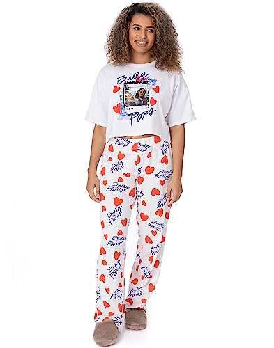 Emily in Paris Damen Pyjamas | Erwachsene Damen Cropped T-Shirt mit Langer Hose Weiße PJS | Selfie Social Media Post Rote Herzen | Serien Merchandise von Emily in Paris