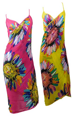 Emilys Gems Strandkleid aus Seide | 2er Pack | Wickelkleid Cover Up Strandponcho |Sommer 2020 Bademode Vertuschen Einheitsgröße Bikini – 100% Seide | durchsichtig | 3 Varianten mit Muster - Gelb Rosa von Emilys Gems