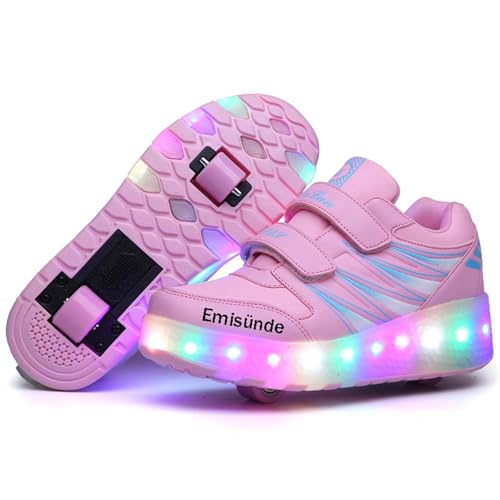 Emisünde Kinder Rollschuhe, Doppel-Rad Mädchen Atmungsaktive LED Leucht Schuhe USB Aufladbare Outdoor Sport Skates(33 EU) von Emisünde