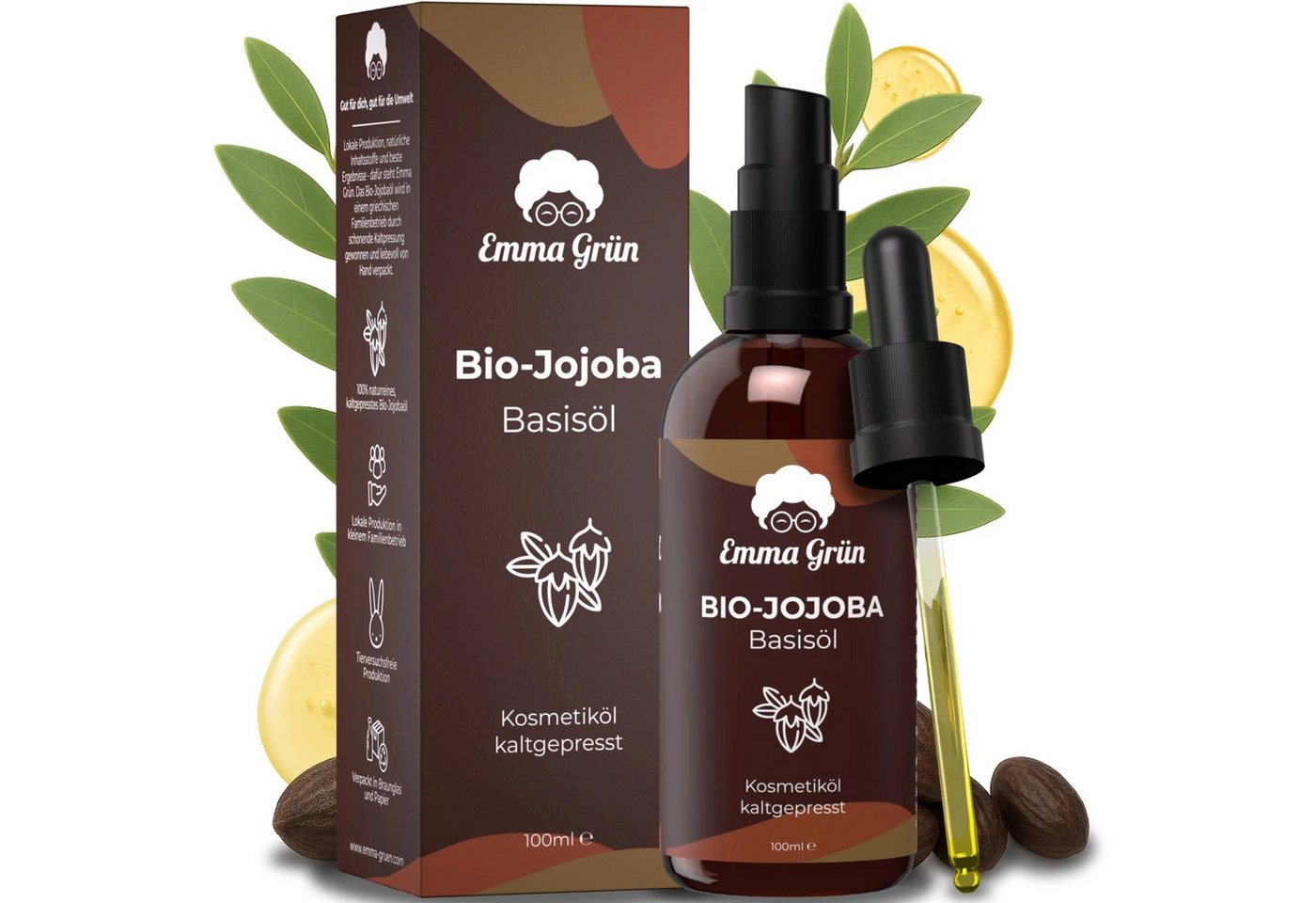 Emma Grün Körperöl Bio Jojobaöl Kaltgepresst 100ml [100% REIN], ‎Spendet Feuchtigkeit, zieht schnell ein, vielseitig einsetzbar von Emma Grün