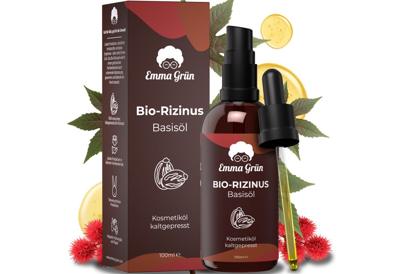 Emma Grün Körperöl Rizinus Öl Kaltgepresst 100ml [100% REIN], ‎Kaltgepresst, Unraffiniert, Hexanfrei von Emma Grün