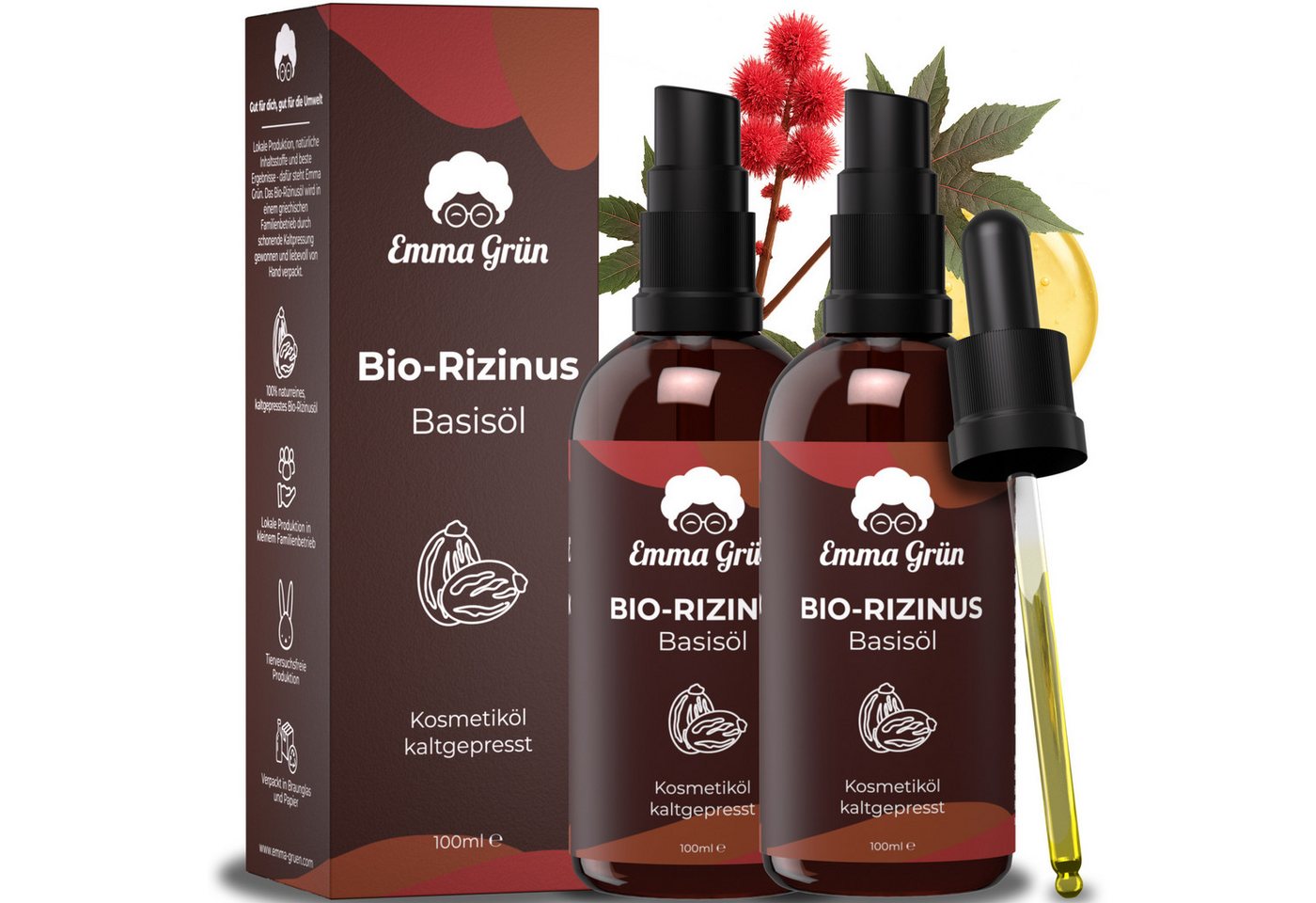Emma Grün Körperöl Rizinus Öl Kaltgepresst 100ml [100% REIN], ‎Kaltgepresst, Unraffiniert, Hexanfrei von Emma Grün