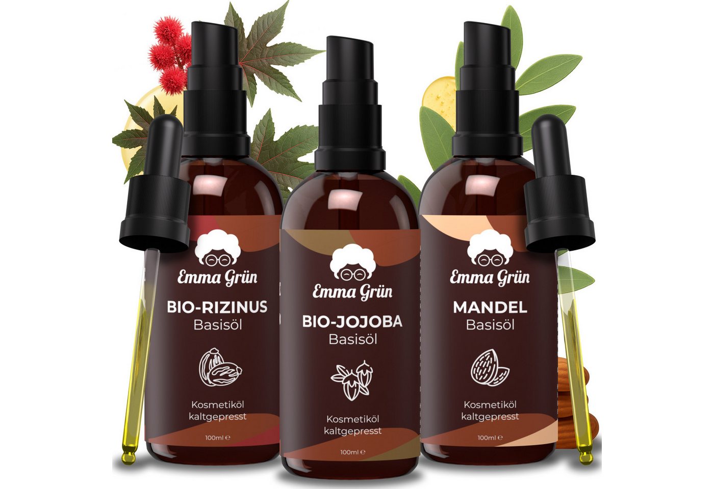Emma Grün Körperöl Set mit Jojobaöl bio, Rizinusöl bio & Mandelöl kaltgepresst von Emma Grün
