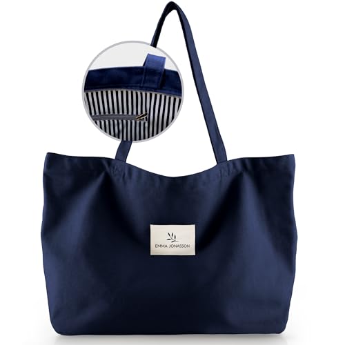 Emma Jonasson Shopper Tasche Damen groß - Großer Jutebeutel mit Reißverschluss und Innentasche - Aesthetic Tote Bag Damen - Große Taschen Damen Stofftasche für Einkauf Arbeit Uni Schule blau von Emma Jonasson