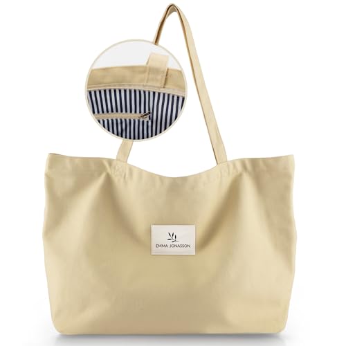 Emma Jonasson Shopper Tasche Damen - Großer Jutebeutel mit Reißverschluss und Innentasche - Aesthetic Tote Bag Damen - Stofftasche für Einkauf Arbeit Uni Schule beige von Emma Jonasson