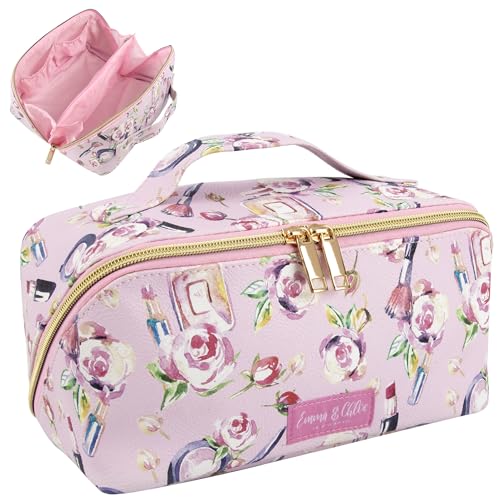 Emma & Chloe Kompakte Kosmetiktasche mit Fächern, 6 Fächern, wasserdicht, Reise-Kulturbeutel, Make-up-Tasche für Damen, 180° leicht zu öffnende Tasche, Frische Blumen, Carry-On 10 Inch, Weichschale von Emma & Chloe