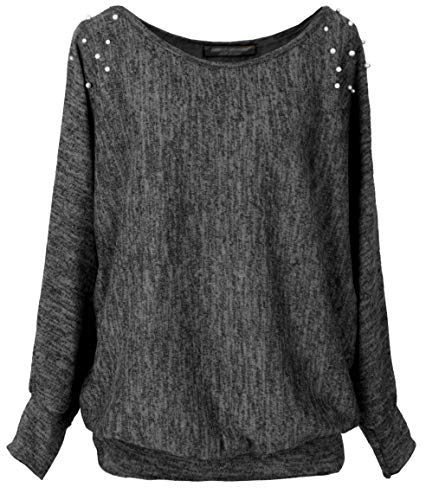 Emma & Giovanni Damen Pullover mit Perlen auf den Schultern Loose Fit, Schwarz, L-XL von Emma & Giovanni