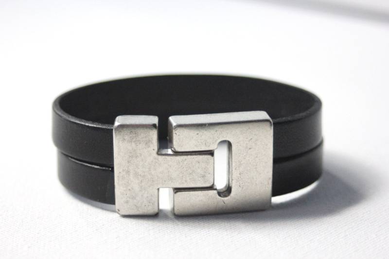 Herren Schwarzes Leder Manschette Armband 22mm Versilbert Magnetisierten Verschluss von EmmaFashionStyle