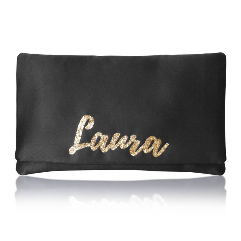 Schwarze Satin-Glitter-Clutch-Geldbeutel-Handtasche Mit Namensmonogramm von EmmaGordonLondon