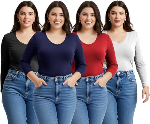 Emmalise Damen-T-Shirt mit V-Ausschnitt und langen Ärmeln, in Übergröße - - Mittel von Emmalise