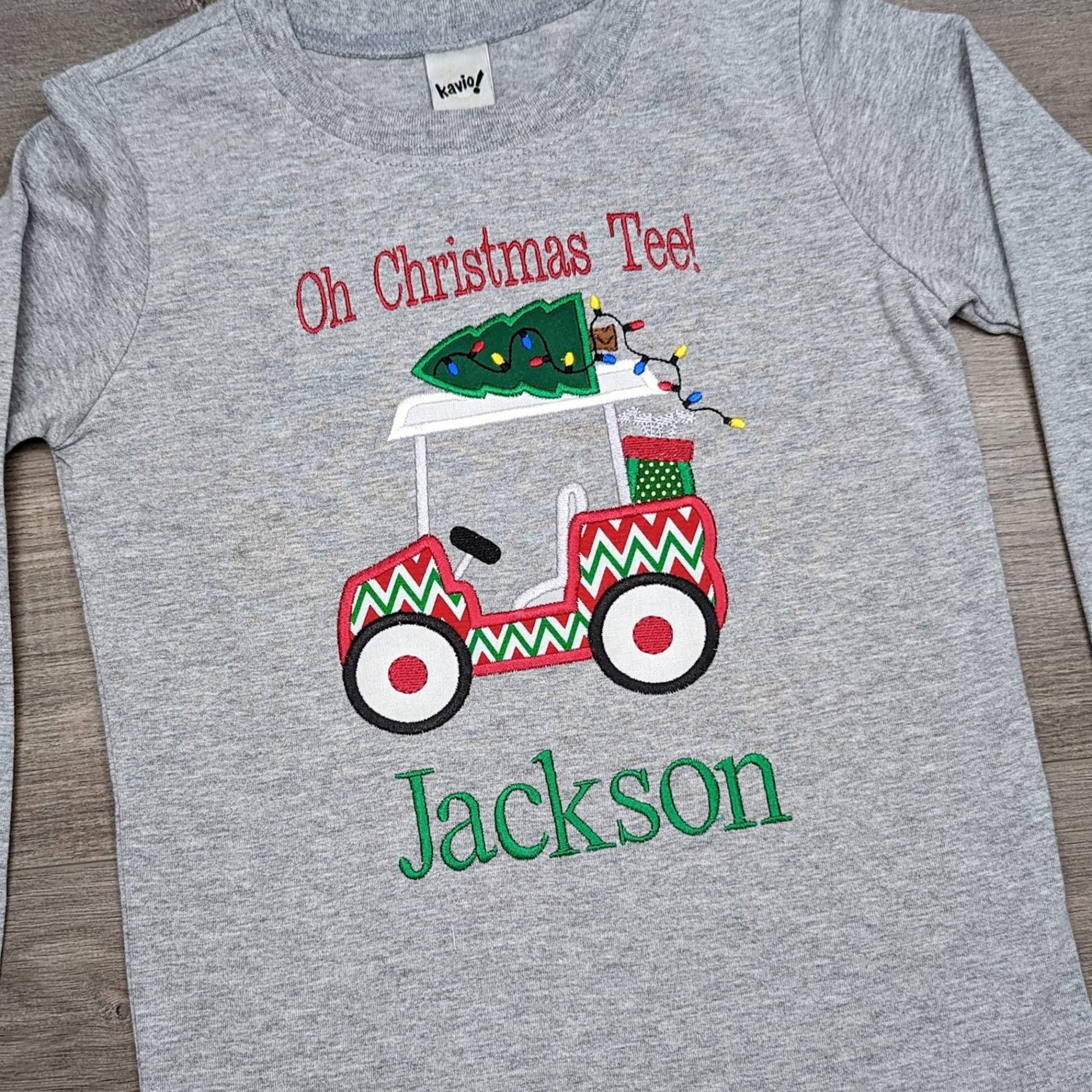 Jungen Weihnachtsshirt Urlaub Golfwagen Baum Lichter Strang Rot Grün Chevron Oh Christmas T Lustiger Spruch Personalisierte Namensapplikation von EmmerlusDesigns
