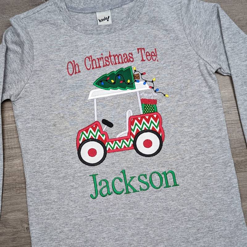 Jungen Weihnachtsshirt Urlaub Golfwagen Baum Lichter Strang Rot Grün Chevron Oh Christmas T Lustiger Spruch Personalisierte Namensapplikation von EmmerlusDesigns