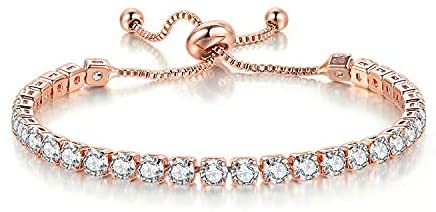 18K Vergoldung Damen Tennisarmband mit Funkelnden Steinen in Silber und Rose | Armband für Frauen & Mädchen mit Steinen Kristall | Damenarmband Schmuck Größenverstellbar (Rosegold) von Emmie Jewelry