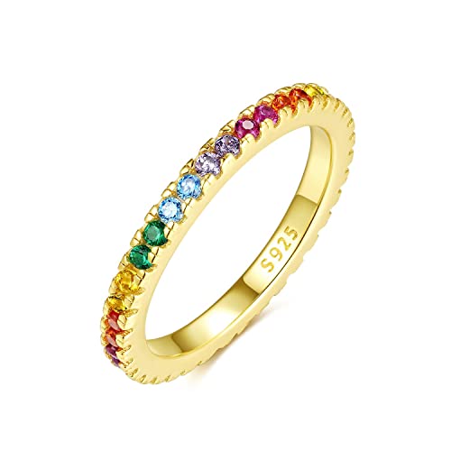 Emmie Jewelry Eternity Ring 925 Silber mit Bunte Zirkonia Steine | Damenring mit Regenbogen-Steinen rundherum | Rainbow Ringe für Damen, Frauen Schmuc (48, Gold) von Emmie Jewelry