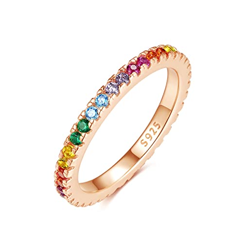 Emmie Jewelry Eternity Ring 925 Silber mit Bunte Zirkonia Steine | Damenring mit Regenbogen-Steinen rundherum | Rainbow Ringe für Damen, Frauen Schmuc (50, Rosegold) von Emmie Jewelry