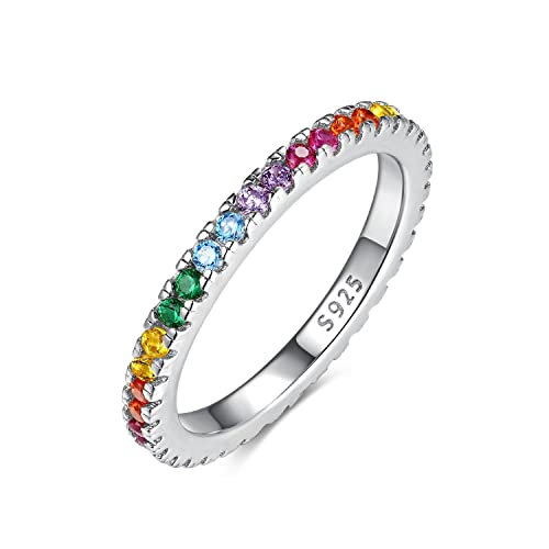 Emmie Jewelry Eternity Ring 925 Silber mit Bunte Zirkonia Steine | Damenring mit Regenbogen-Steinen rundherum | Rainbow Ringe für Damen, Frauen Schmuc (60, Silber) von Emmie Jewelry