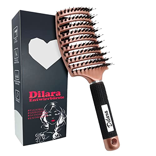 PREMIUM Wildschweinborsten Haarbürste Entwirrkamm für feines, dünnes, dickes und lockiges Haar │Haarstyling Bürste zum Entwirren der Haare Profi Entwirrbürste für Kinder und Erwachsene (Rosegold) von Dilara