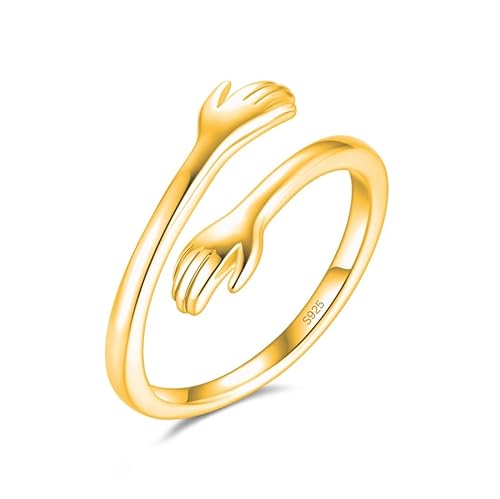 Umarmungsring in 925 Sterling Silber und Gold Verstellbar als Geschenk für Sie, Freundin, Freund, Muttertag und zur Verlobung Umarmung Ring mit Umarmende Hände (Gold, 50) von Emmie Jewelry