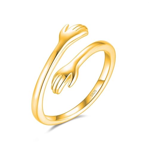 Umarmungsring in 925 Sterling Silber und Gold Verstellbar als Geschenk für Sie, Freundin, Freund, Muttertag und zur Verlobung Umarmung Ring mit Umarmende Hände (Gold, 52) von Emmie Jewelry