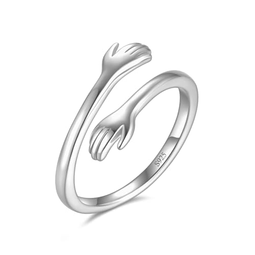 Umarmungsring in 925 Sterling Silber und Gold Verstellbar als Geschenk für Sie, Freundin, Freund, Muttertag und zur Verlobung Umarmung Ring mit Umarmende Hände (Silber, 54) von Emmie Jewelry