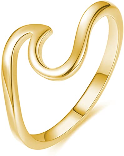 WAVE Ring aus 925 Sterling Silber | Damenring Nickelfrei & Anlaufgeschützt mit Welle | Ringe Minimalistisch Meereswelle Schmal Wellenring (50, Gold) von Emmie Jewelry