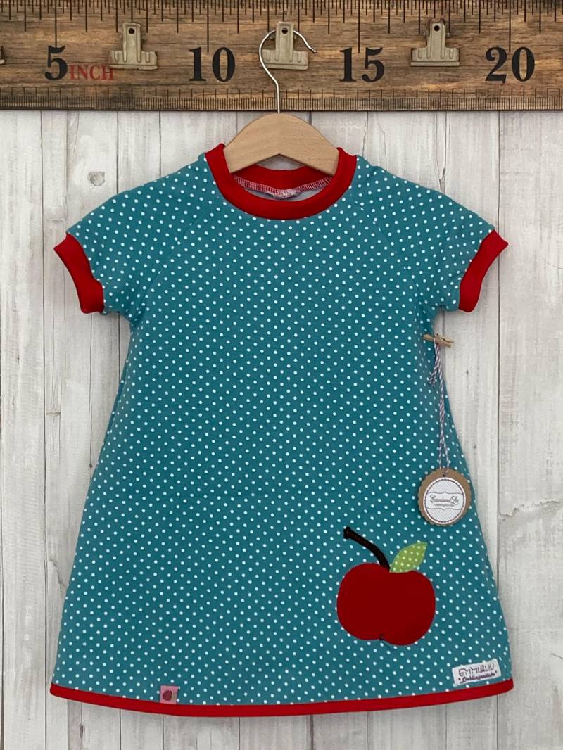 Gr. 86 Jersey Kleid in Mint Türkis Mit Weißen Punkten Apfel Applikation Emmiundliv von EmmiundLiv