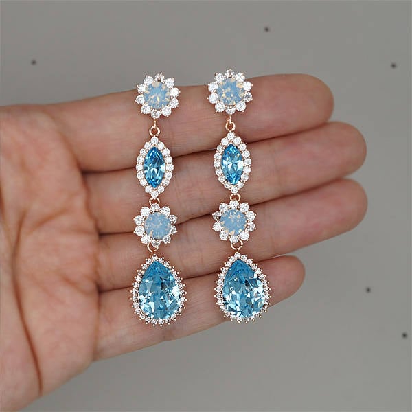 Aquamarin Ohrringe Lange Braut Swarovski Blauer Kristall Schmuck Für Bräute, Rose Gold Hochzeit Aquamarin Ohrringe Lange Braut Swarovski Blauer Kristall Schmuck Für Bräute, Rose Gold Hochzeit von EmonaJewellery